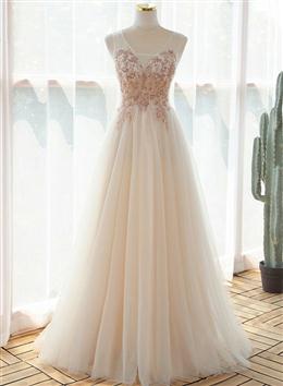 Picture of Pretty Ivory V-neckline Floor Length Tulle Prom Dresses, Beaded Formal Dresses Evening Dresses